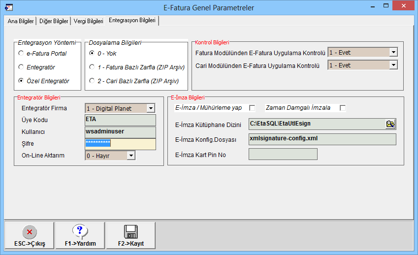 ETA E-Fatura Genel Parametreleri